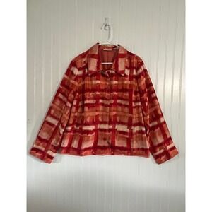 Susan Graver Red Plaid Blazer Jacket Size L Collared Button Up Pockets
